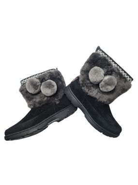 UGG Brie Sheepskin Waterproof Suede Boots Black with Pom Pom